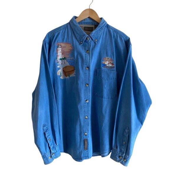 Vintage Tops - Vintage Enza Denim Button-Up Shirt Embroidery Woman XL Coastal Beach Coquette